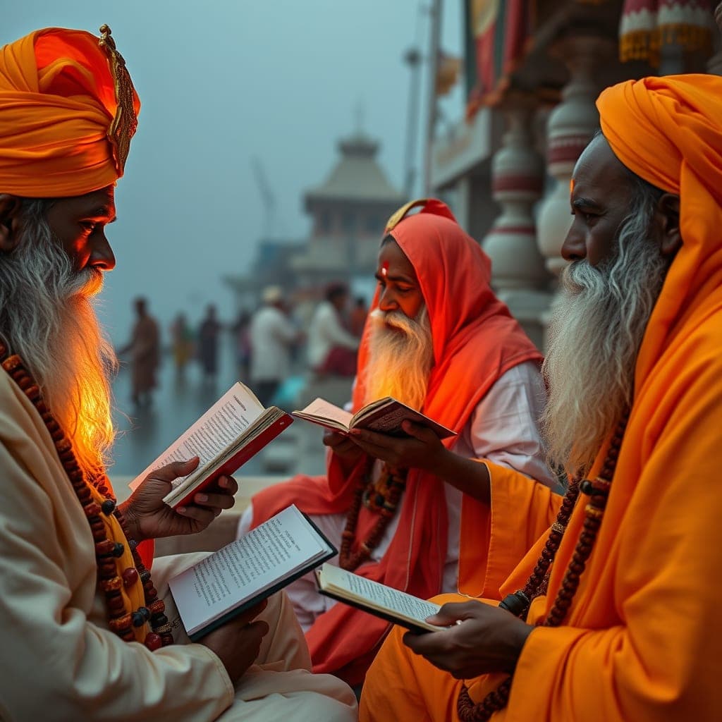 Devotees studying Sanskrit shlokas